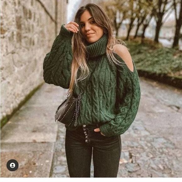 Zara Chunky Knit Cold Shoulder Sweater Green New - Picture 2 of 4